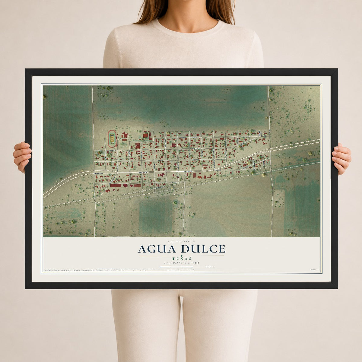 Map of Agua Dulce, Texas, 24 x 36 inch print in a black wood frame