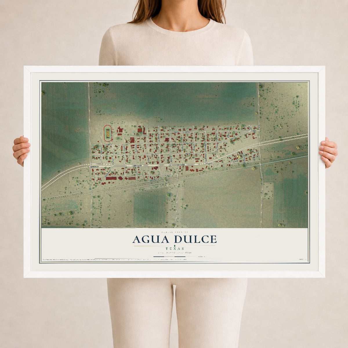 Map of Agua Dulce, Texas, 24 x 36 inch print in a white wood frame