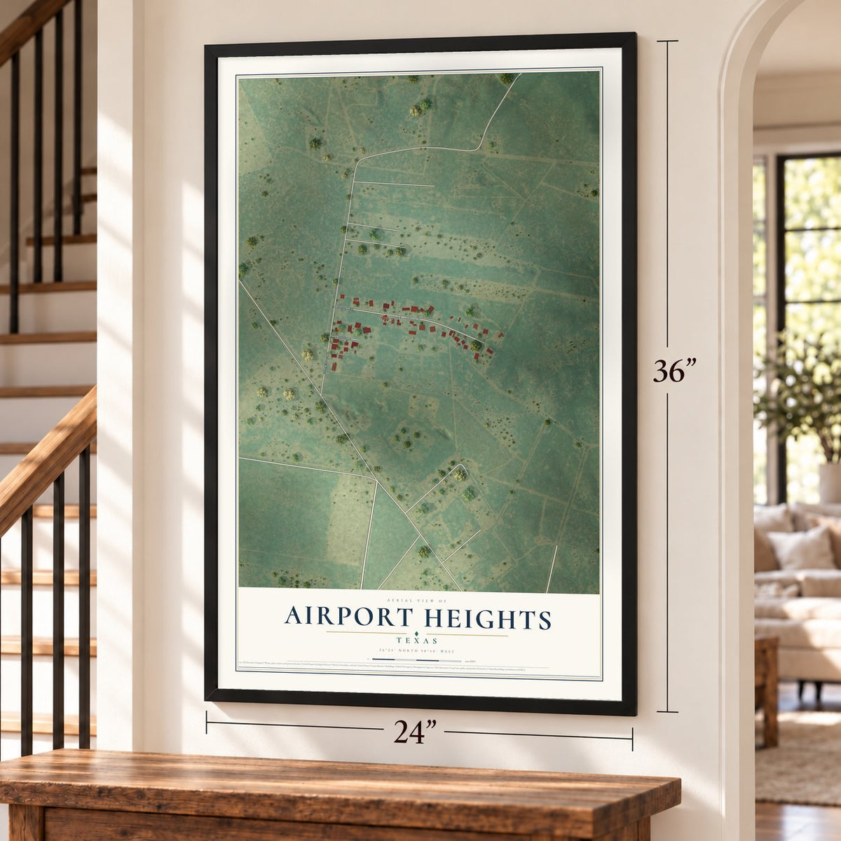 Airport Heights, Texas map, 24 x 36 inch print in a black frame by a staircase