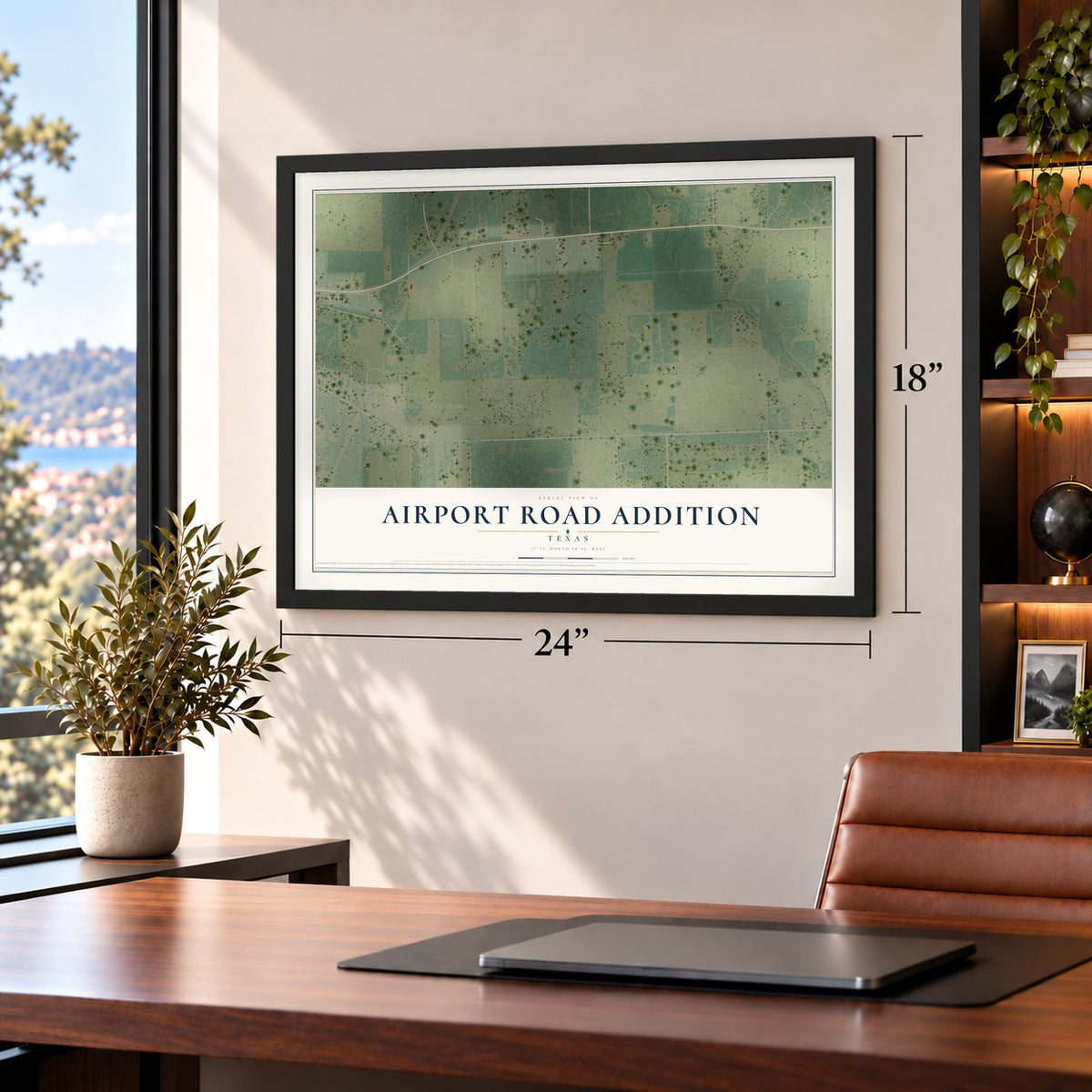 Airport Road Addition, Texas map, 18 x 24 inch print in a black frame in a home office