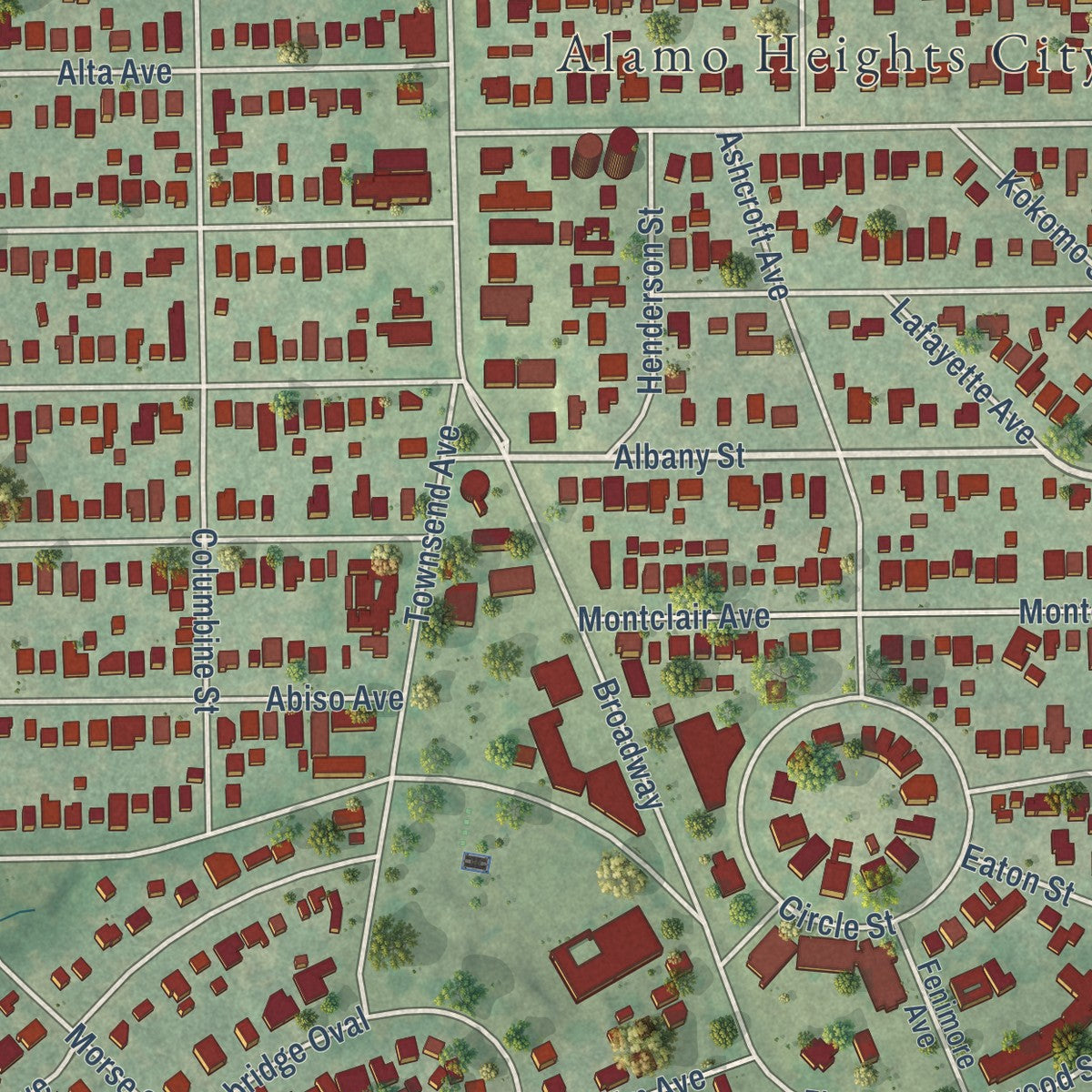 Close-up of the map of Alamo Heights, Texas print showing street and building detail