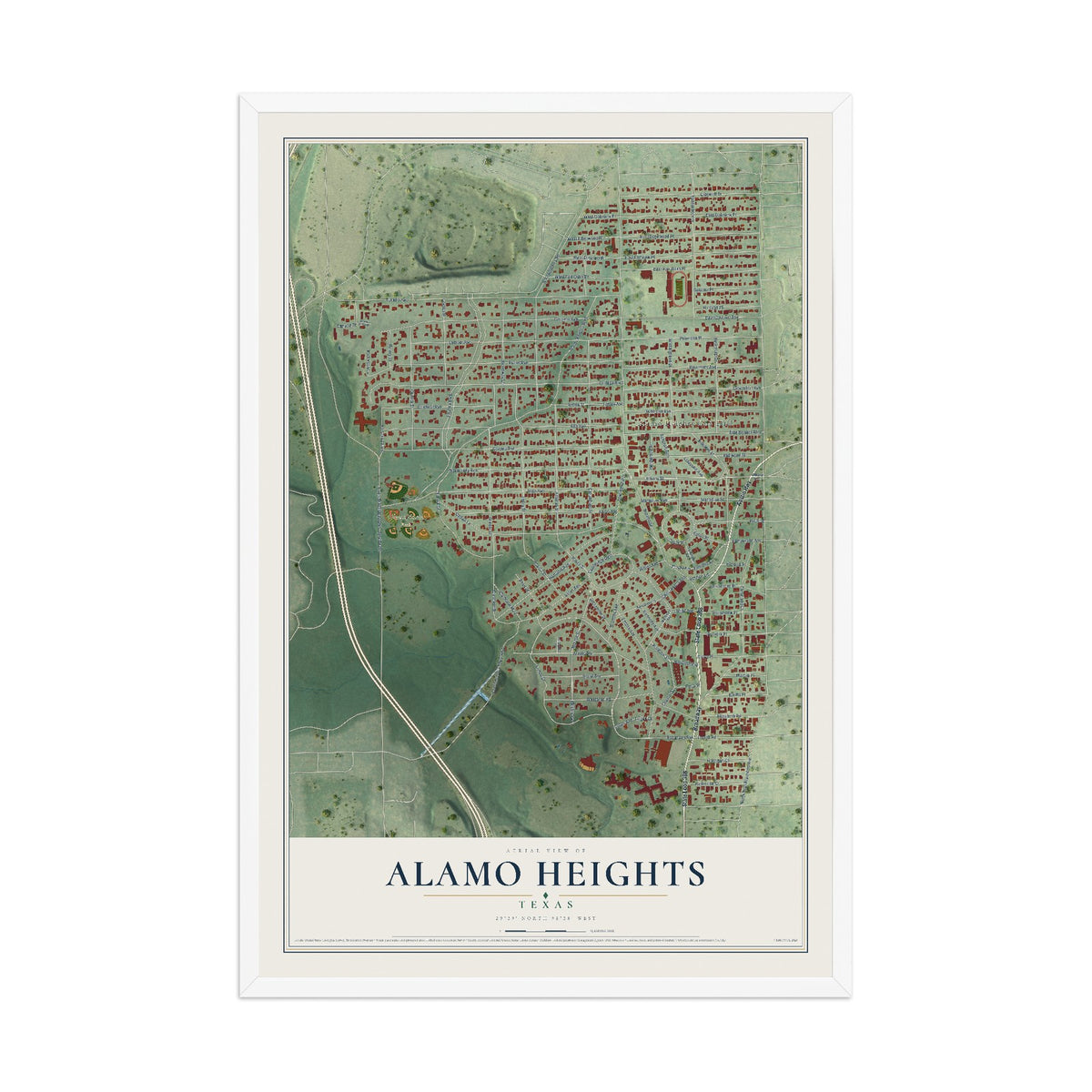 Map of Alamo Heights, Texas, 12 x 18 inch print in a white wood frame