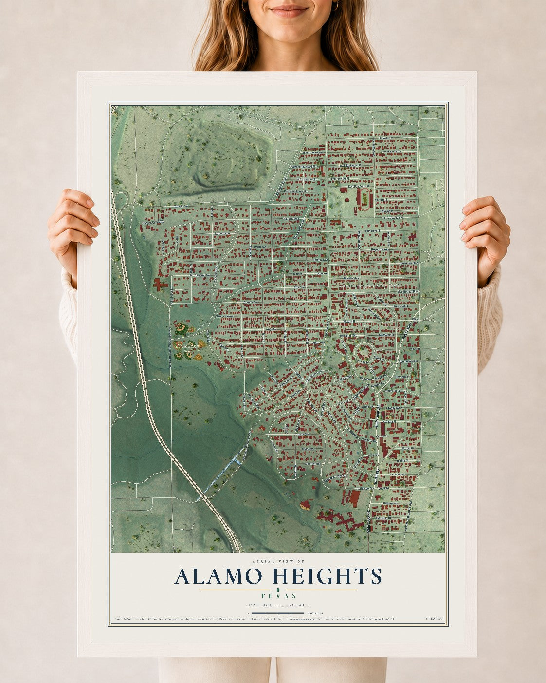 Map of Alamo Heights, Texas, 24 x 36 inch print in a white wood frame