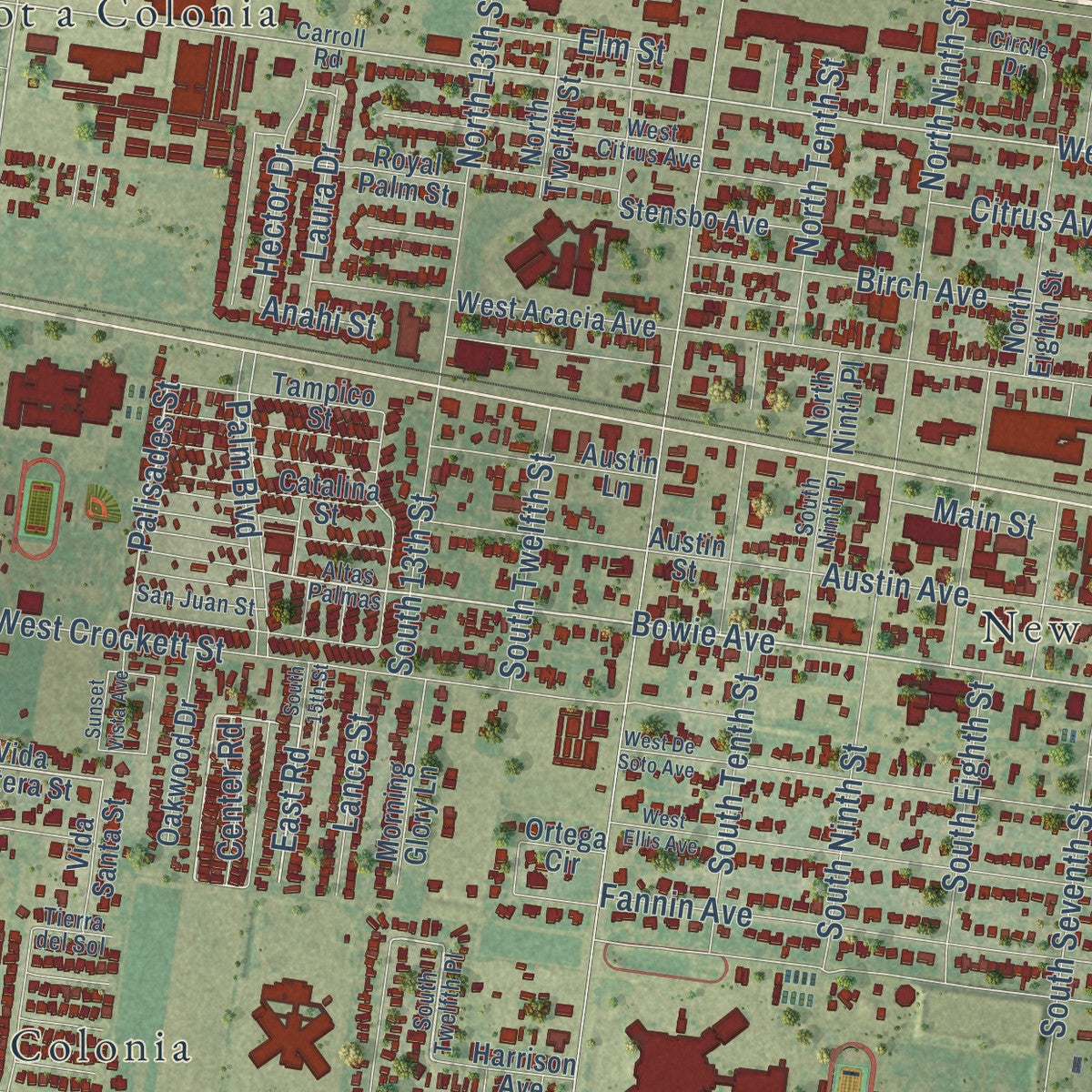 Close-up of the map of Alamo, Texas print showing street and building detail