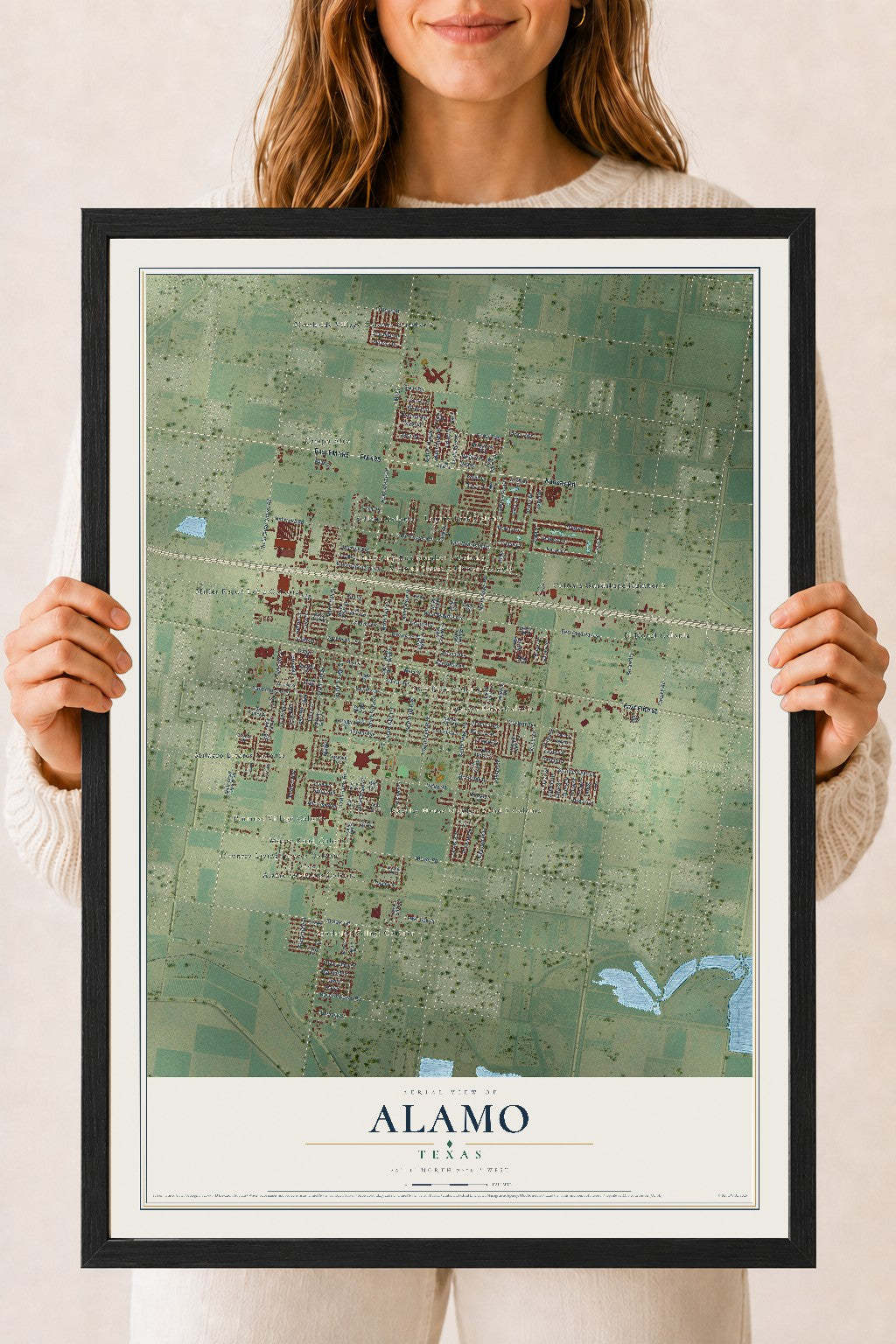 Map of Alamo, Texas, 18 x 24 inch print in a black wood frame
