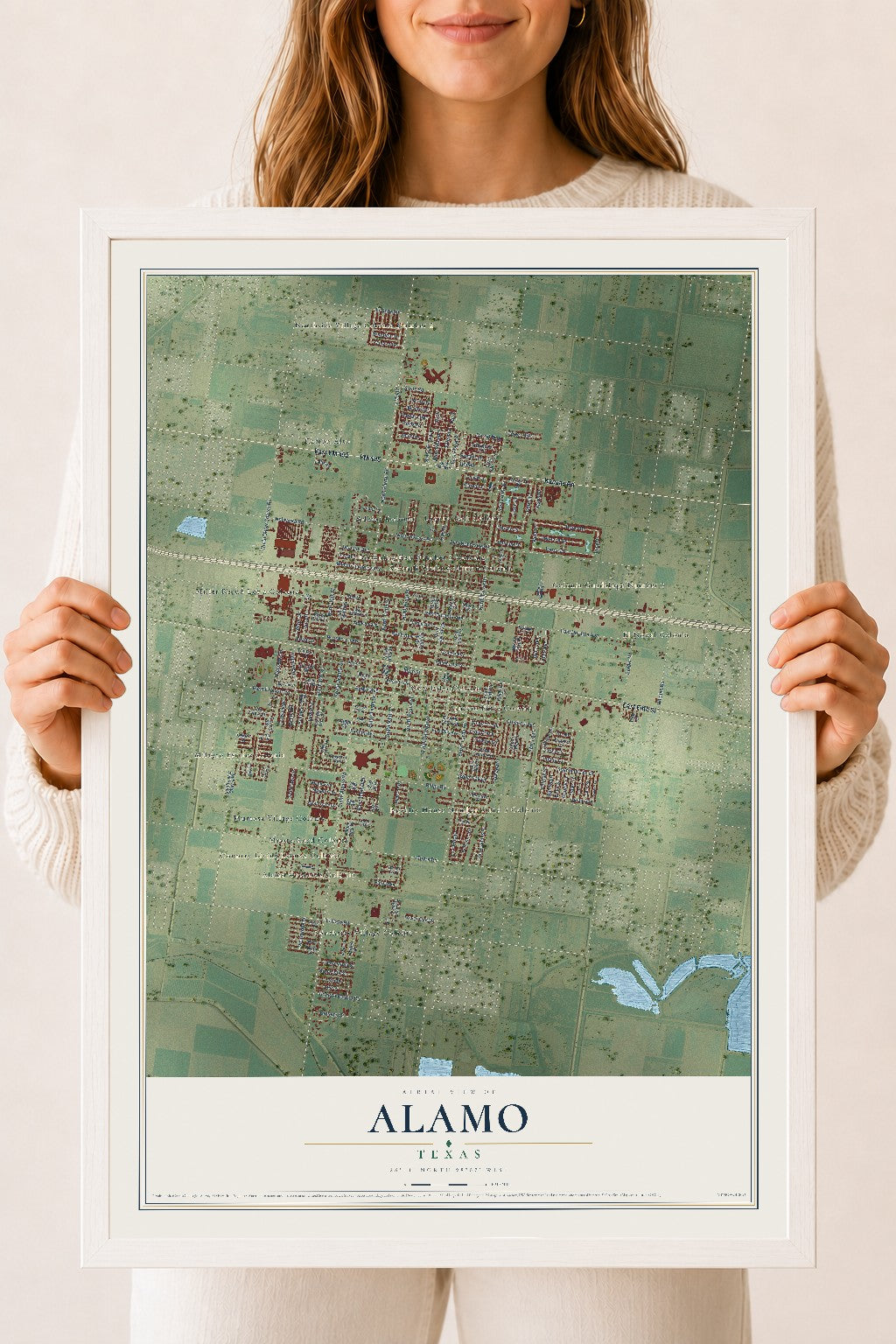 Map of Alamo, Texas, 18 x 24 inch print in a white wood frame
