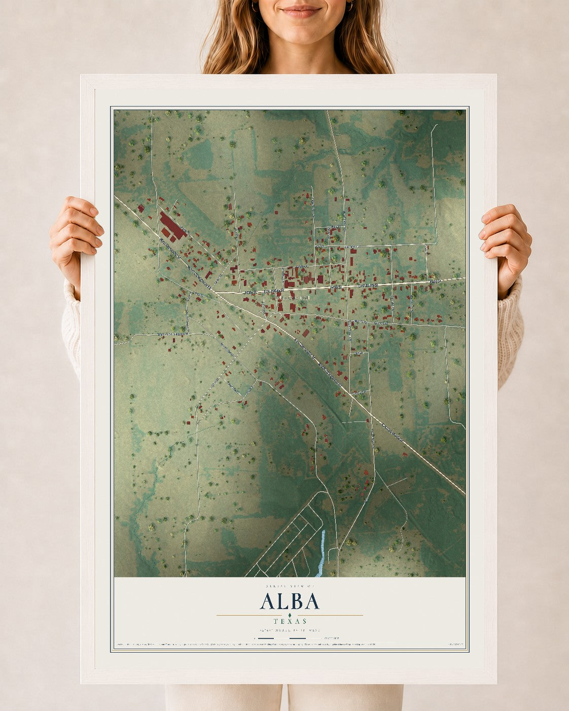 Map of Alba, Texas, 24 x 36 inch print in a white wood frame