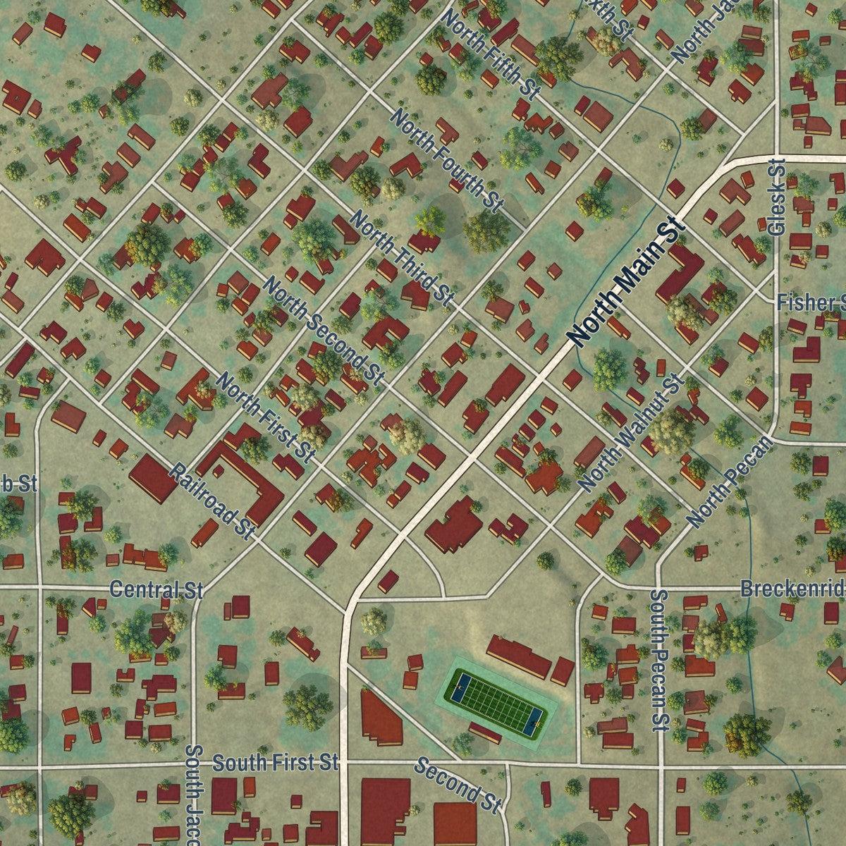 Close-up of the map of Albany, Texas print showing street and building detail