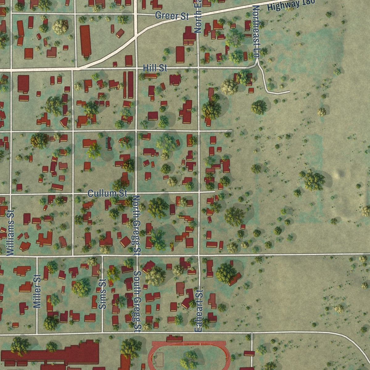 Second close-up of the map of Albany, Texas print showing more streets and buildings