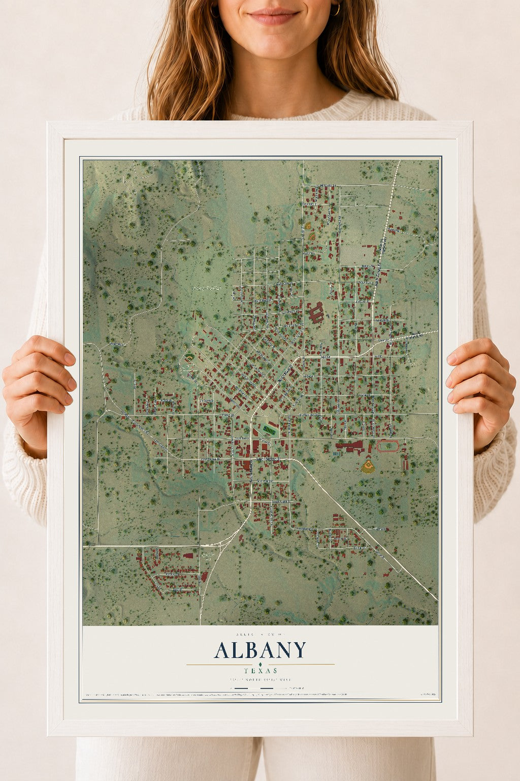 Map of Albany, Texas, 18 x 24 inch print in a white wood frame