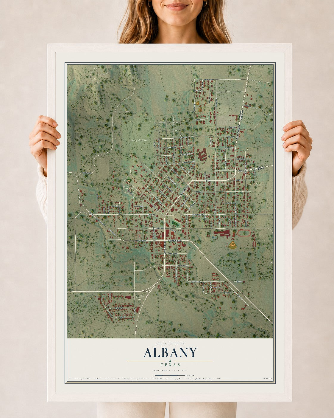 Map of Albany, Texas, 24 x 36 inch print in a white wood frame