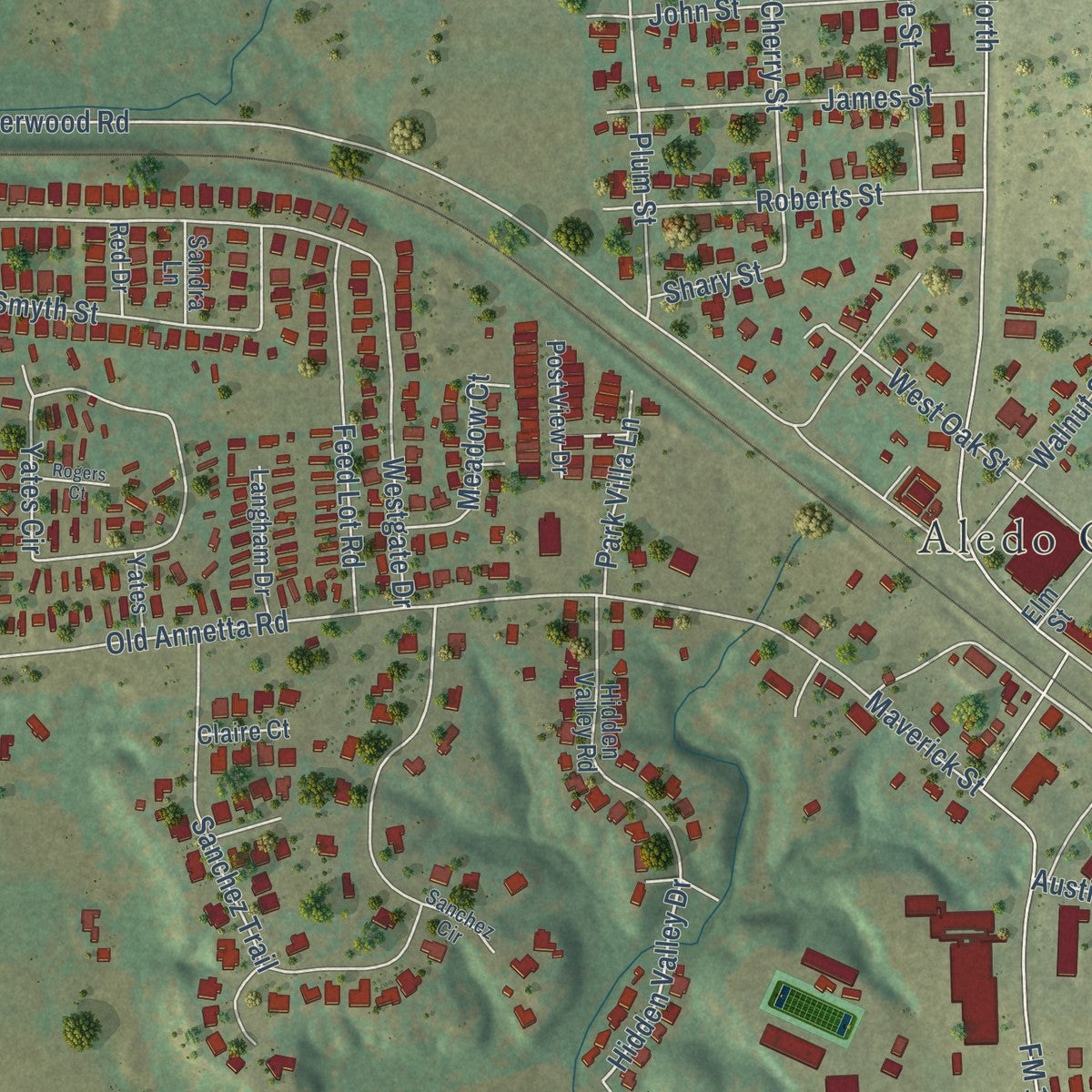 Close-up of the map of Aledo, Texas print showing street and building detail