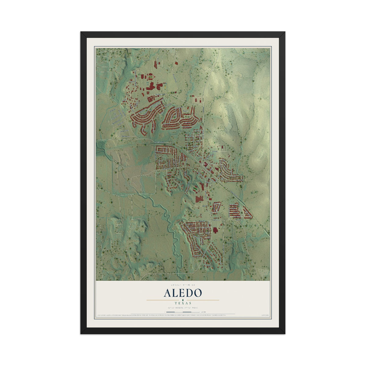 Map of Aledo, Texas, 12 x 18 inch print in a black wood frame