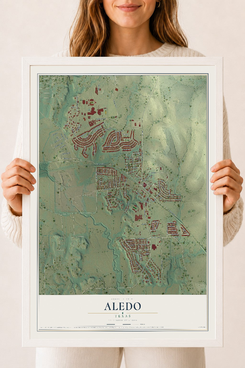 Map of Aledo, Texas, 18 x 24 inch print in a white wood frame