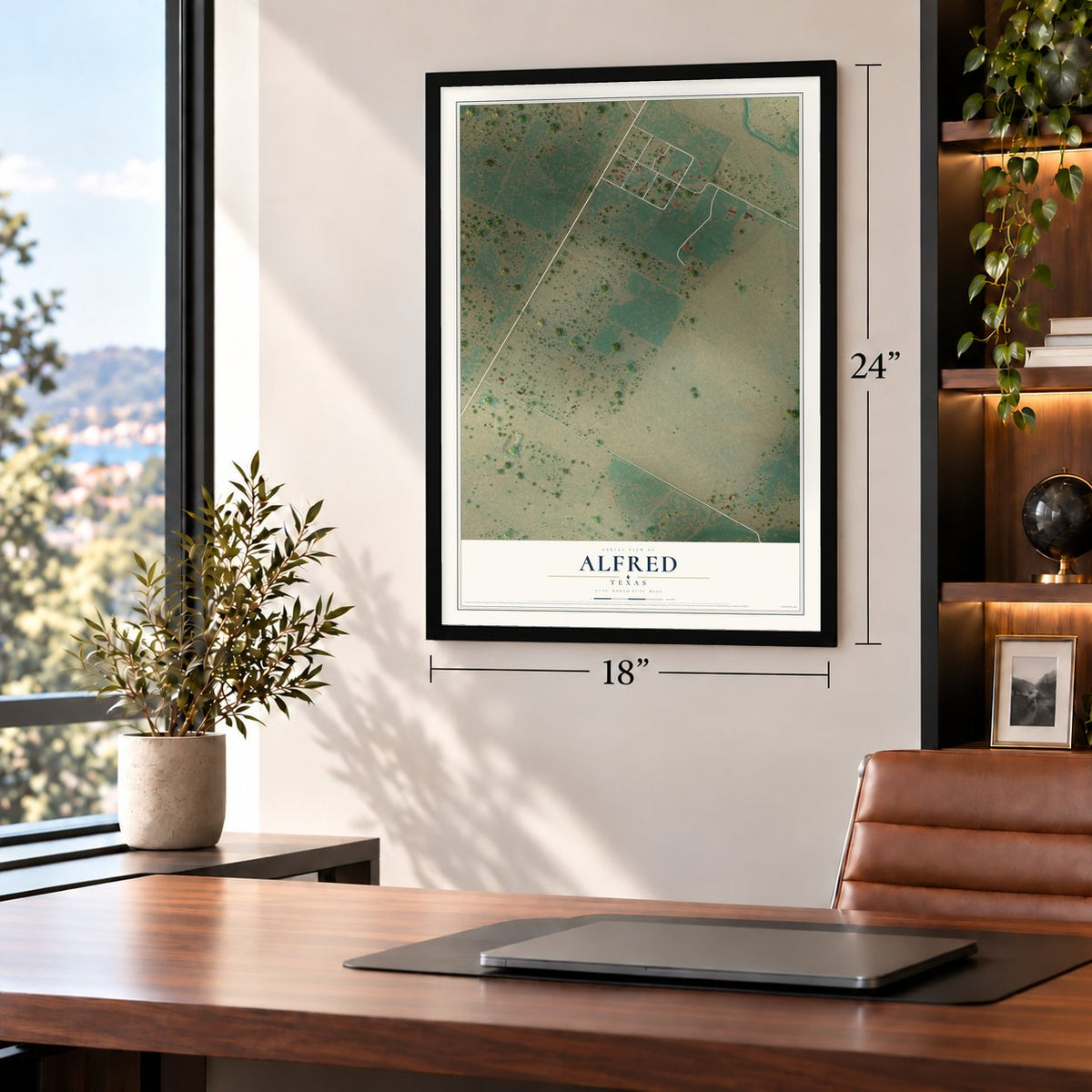 Alfred, Texas map, 18 x 24 inch print in a black frame in a home office