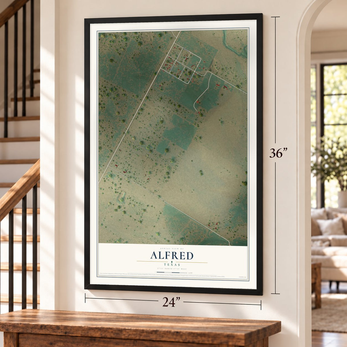 Alfred, Texas map, 24 x 36 inch print in a black frame by a staircase