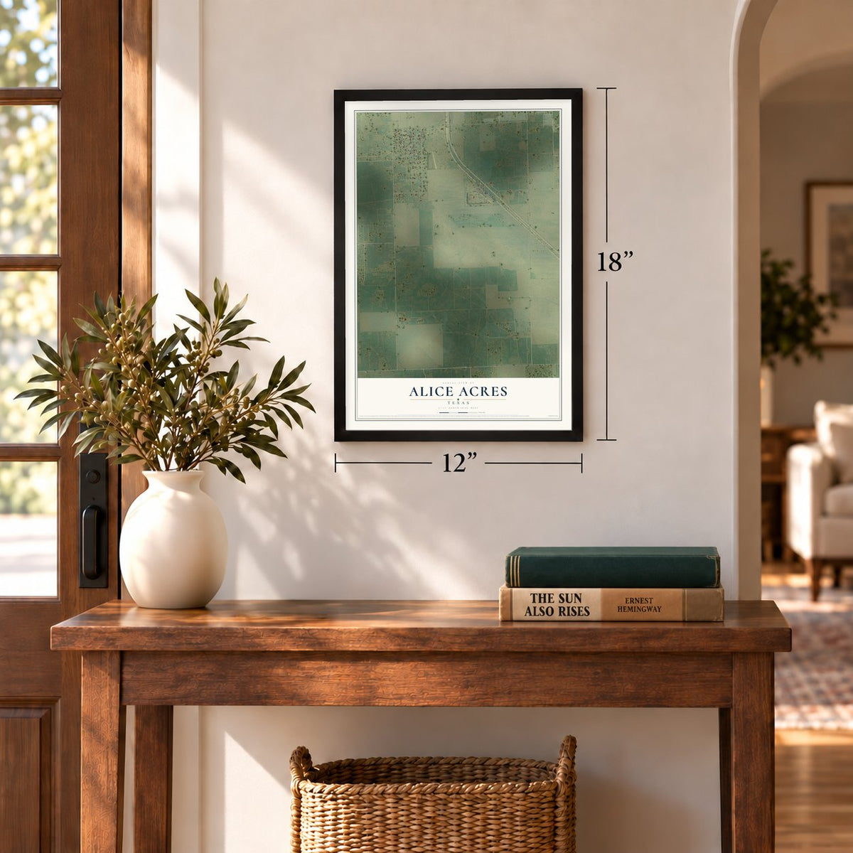 Alice Acres, Texas map, 12 x 18 inch print in a black frame in an entryway