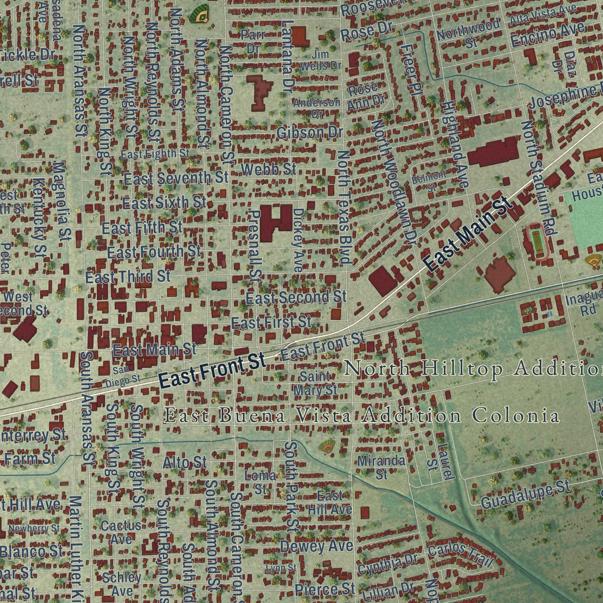 Close-up of the map of Alice, Texas print showing street and building detail