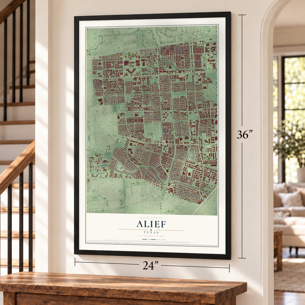 Alief, Texas map, 24 x 36 inch print in a black frame by a staircase