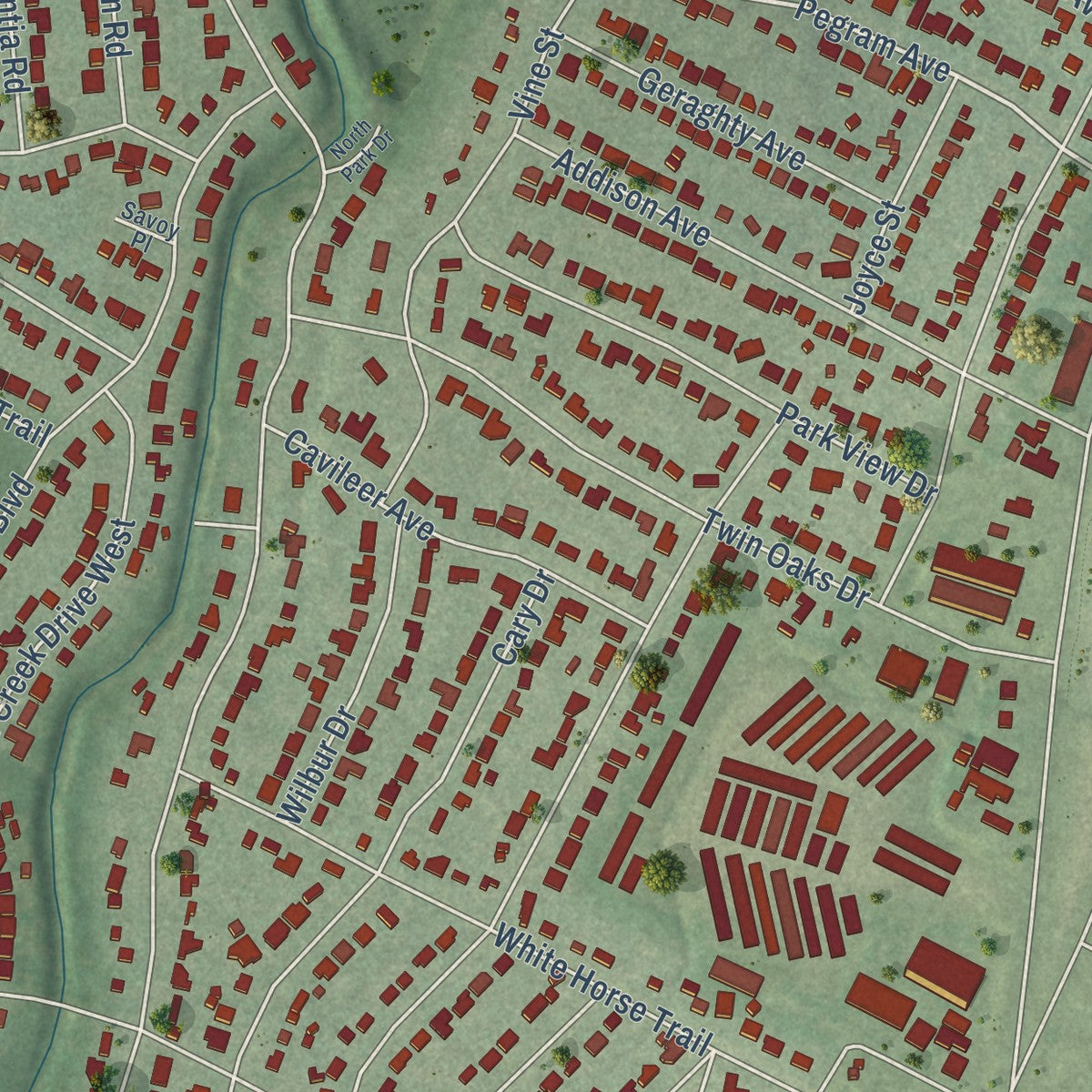 Close-up of the map of Allandale, Texas print showing street and building detail