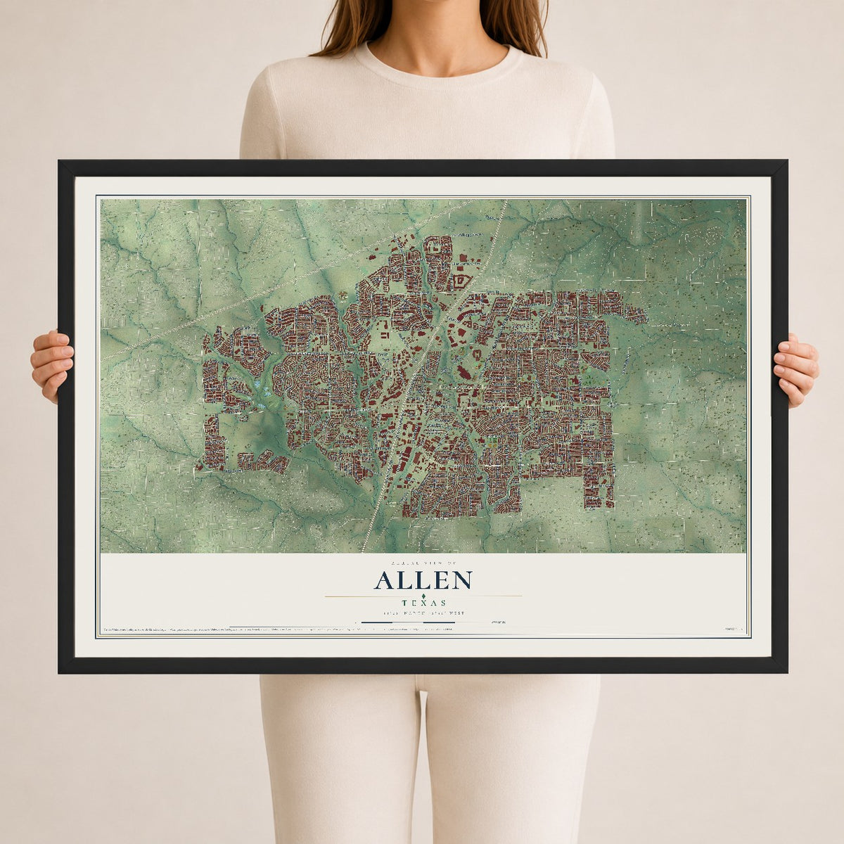 Map of Allen, Texas, 24 x 36 inch print in a black wood frame