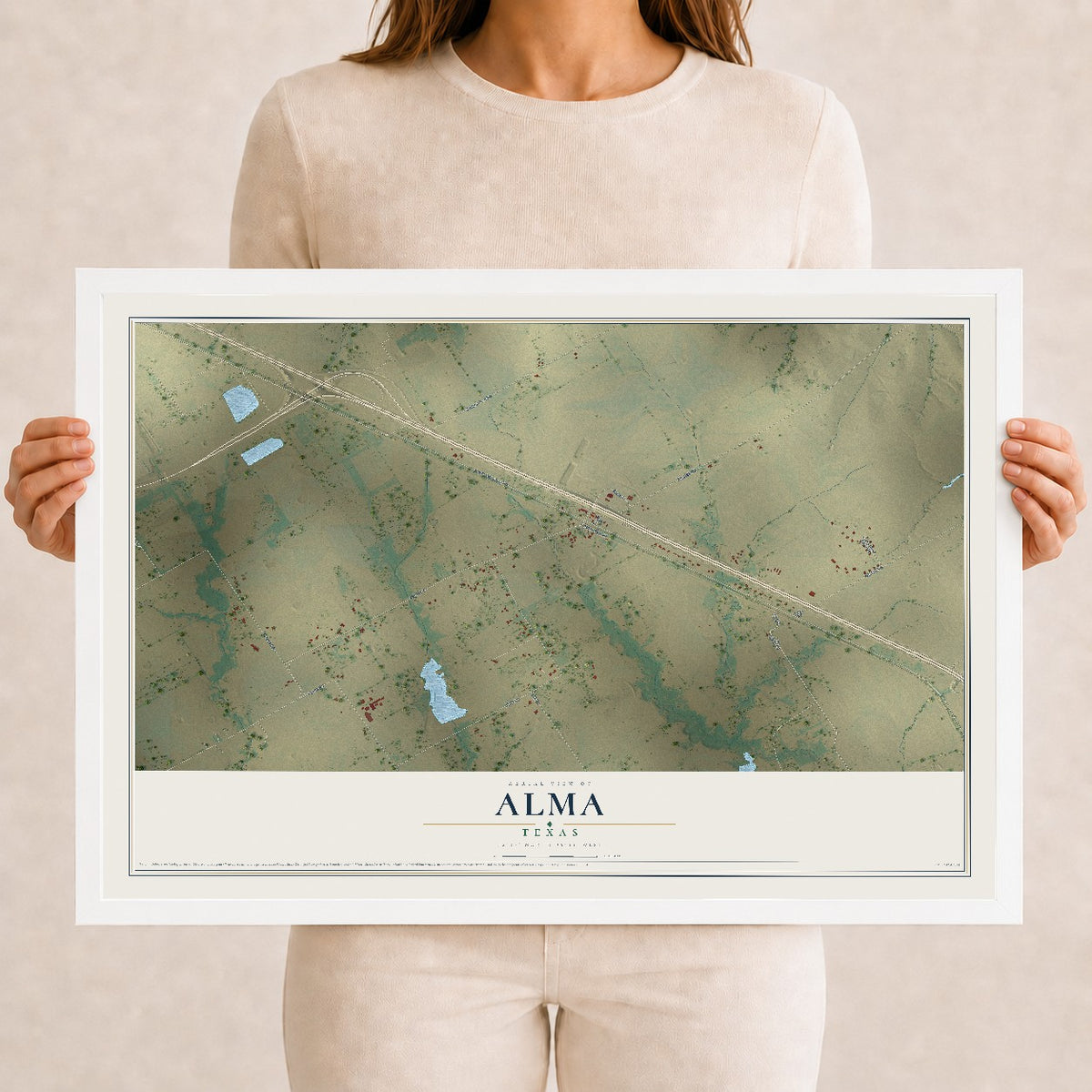 Map of Alma, Texas, 12 x 18 inch print in a white wood frame