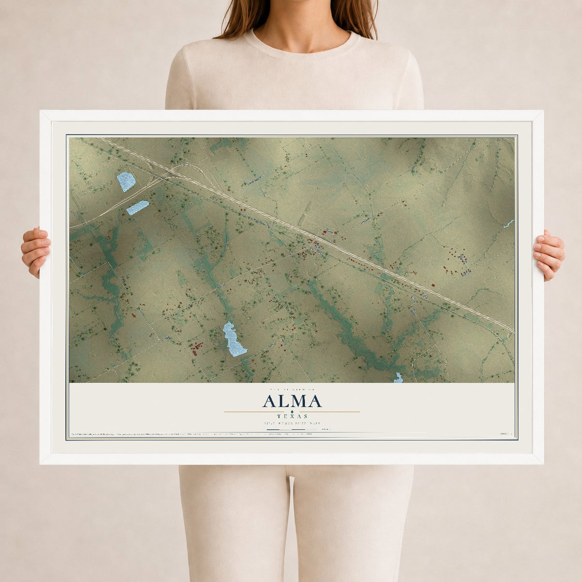 Map of Alma, Texas, 24 x 36 inch print in a white wood frame