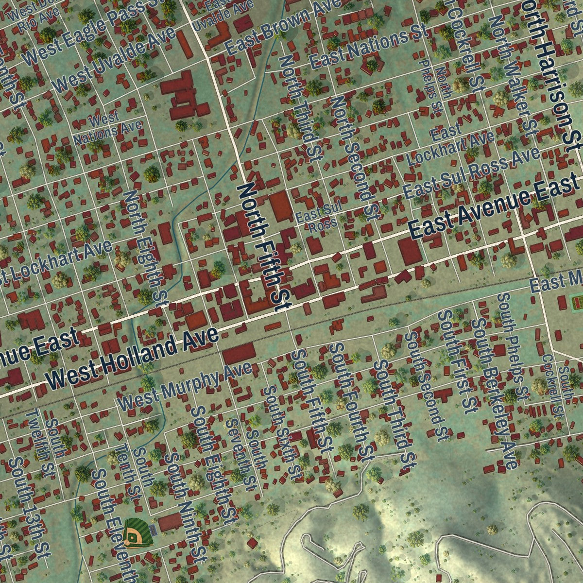 Close-up of the map of Alpine, Texas print showing street and building detail