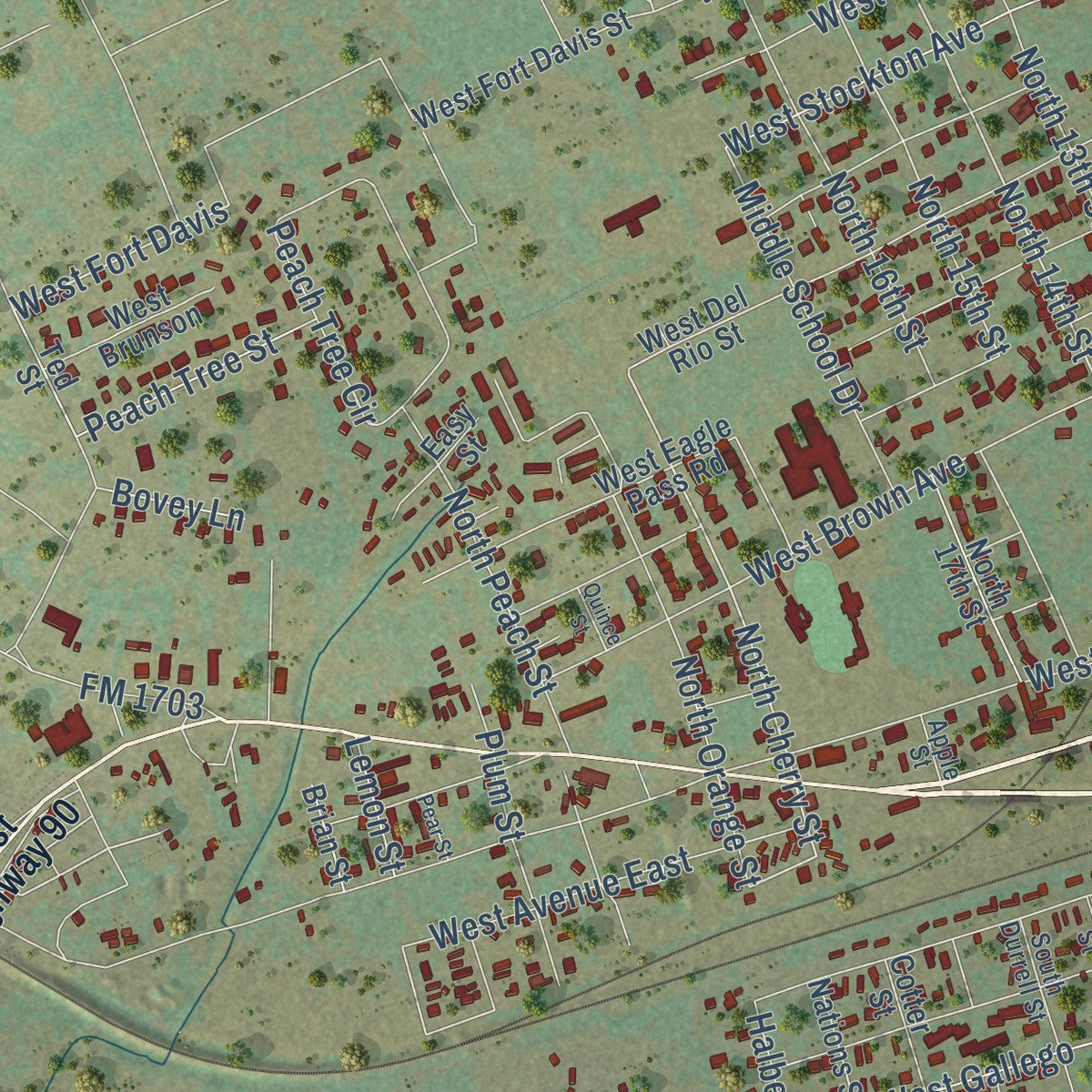 Second close-up of the map of Alpine, Texas print showing more streets and buildings