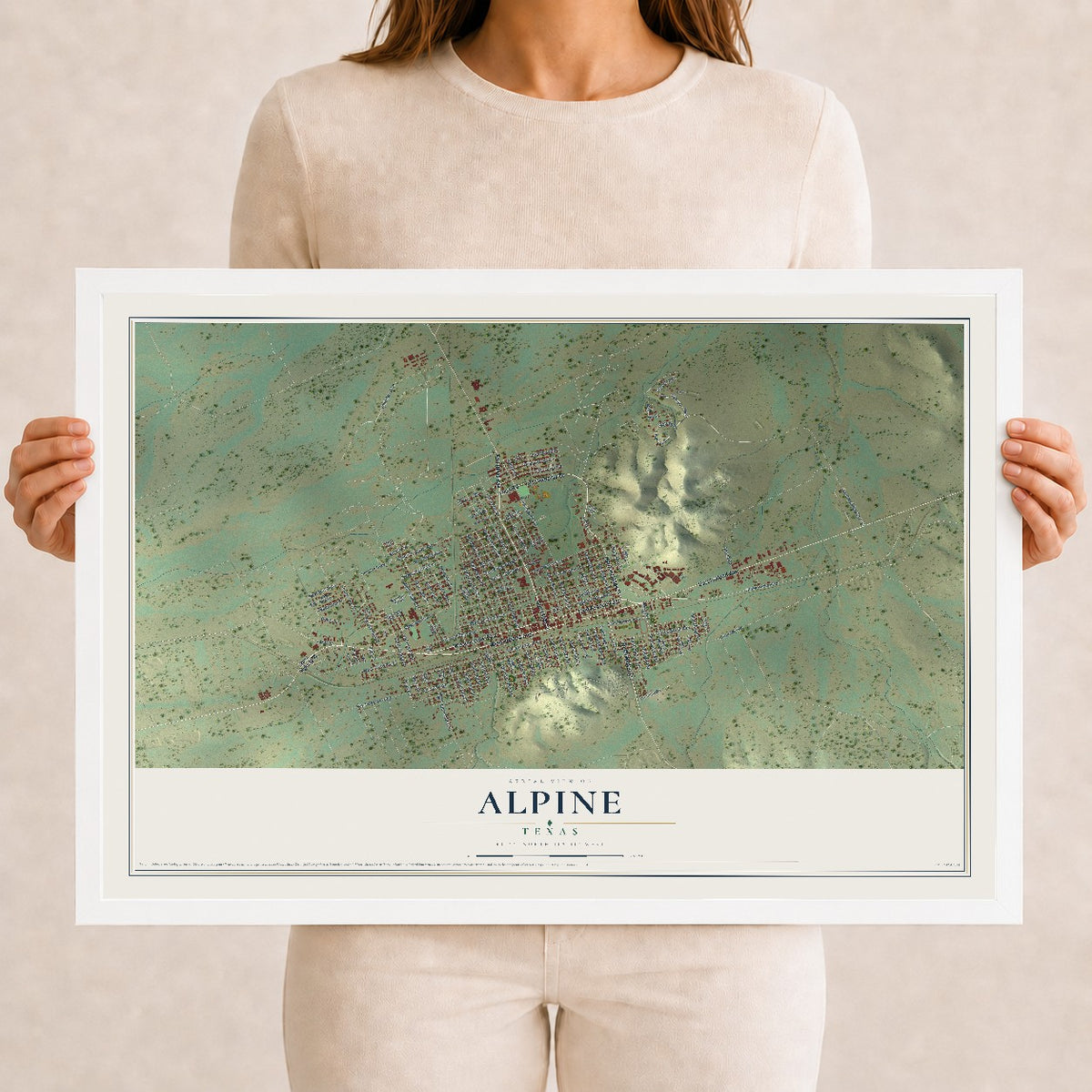 Map of Alpine, Texas, 12 x 18 inch print in a white wood frame