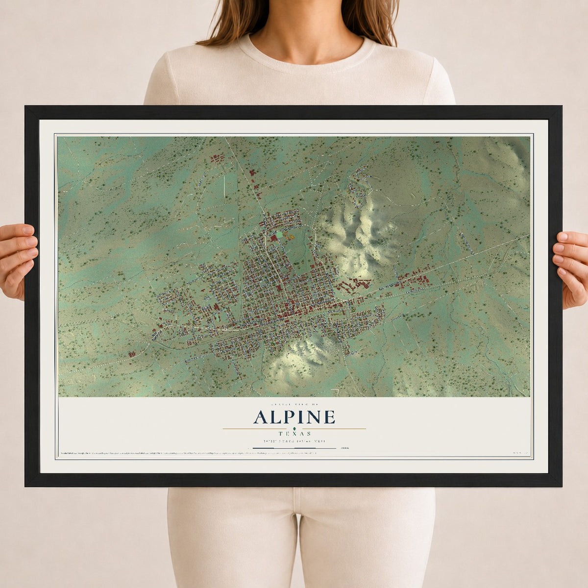 Map of Alpine, Texas, 18 x 24 inch print in a black wood frame