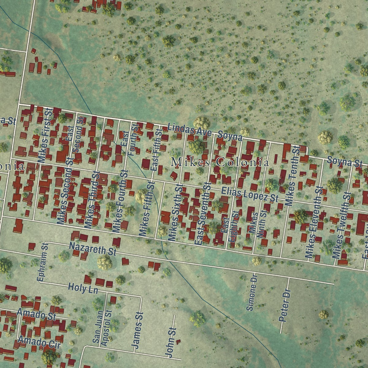 Close-up of the map of Alto Bonito, Texas print showing street and building detail