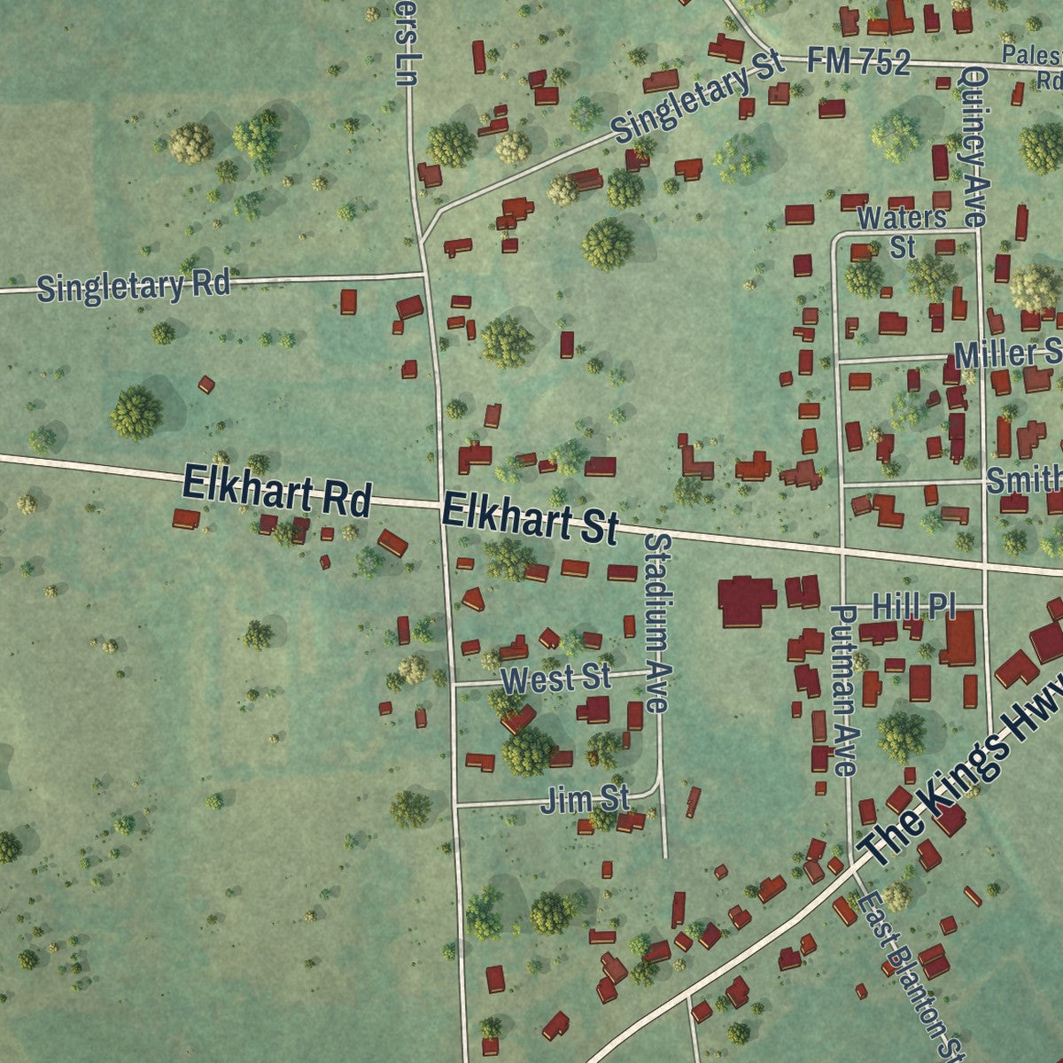 Second close-up of the map of Alto, Texas print showing more streets and buildings