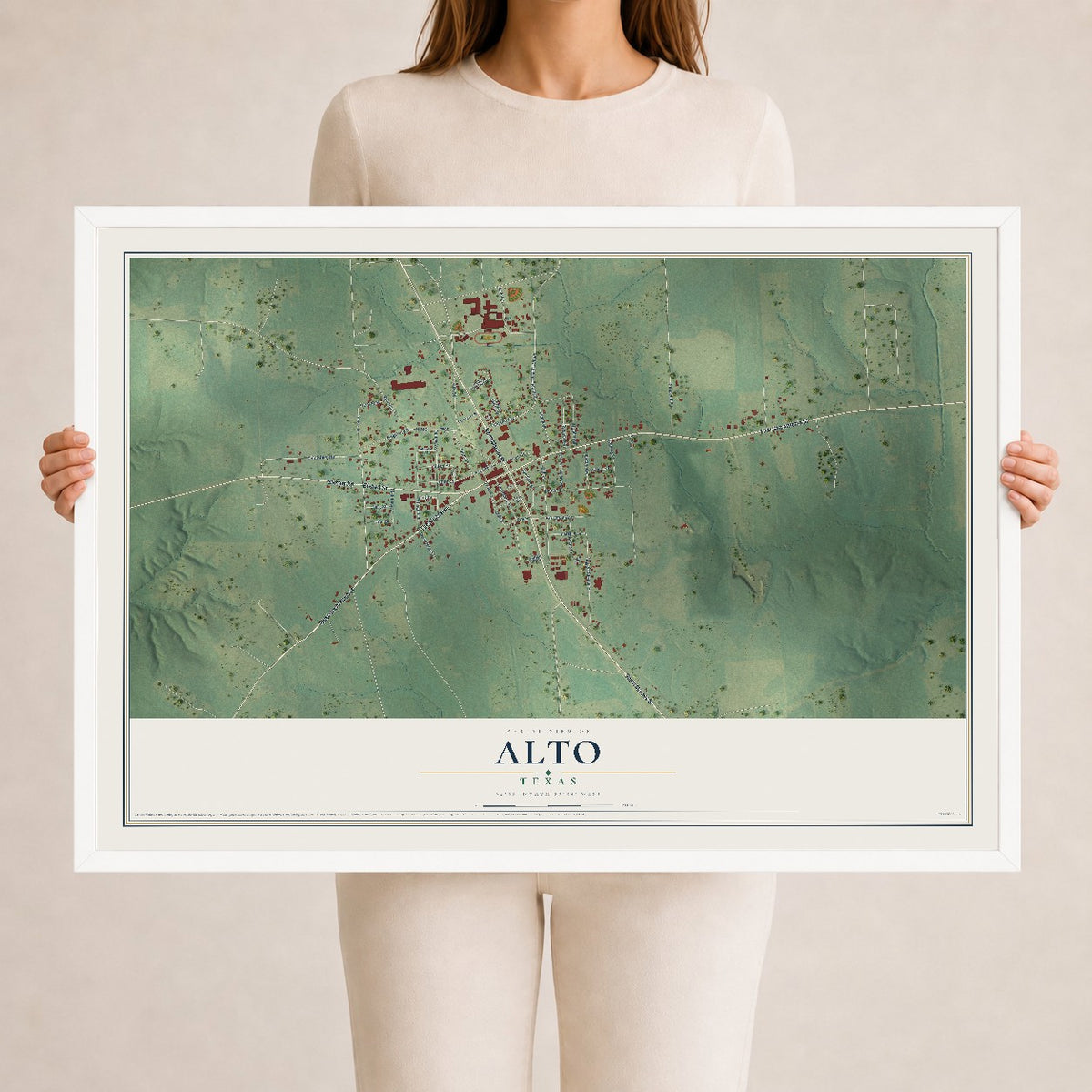 Map of Alto, Texas, 24 x 36 inch print in a white wood frame