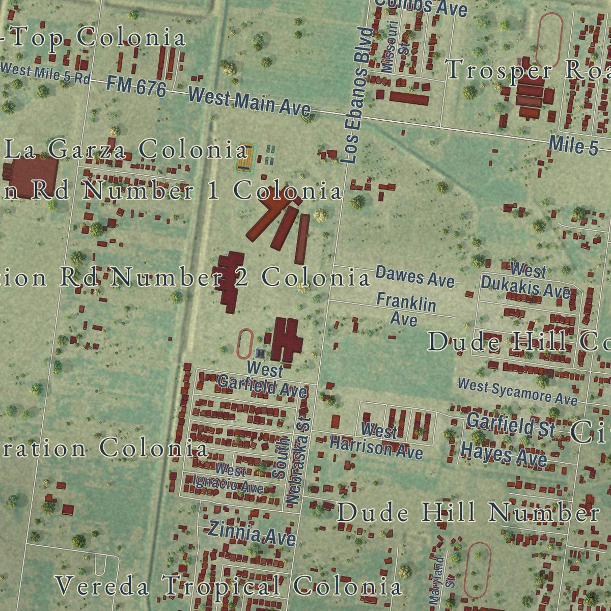 Second close-up of the map of Alton, Texas print showing more streets and buildings