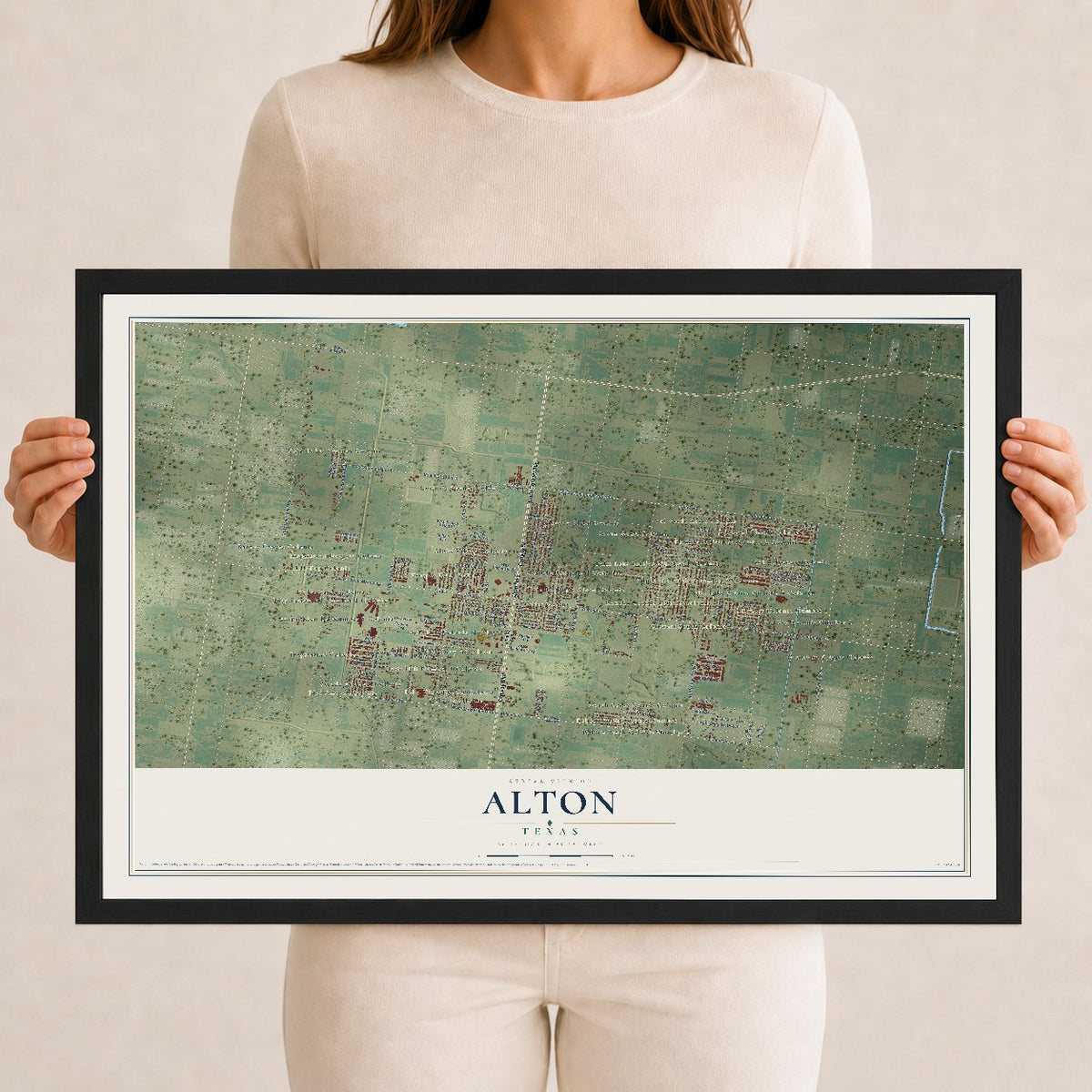 Map of Alton, Texas, 12 x 18 inch print in a black wood frame