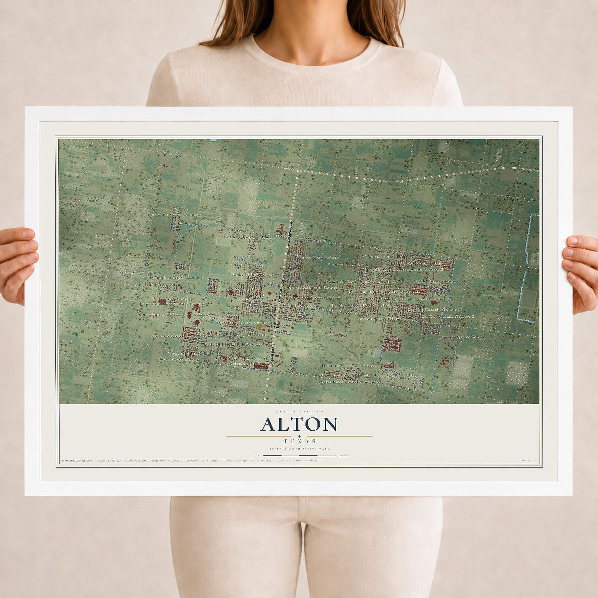 Map of Alton, Texas, 18 x 24 inch print in a white wood frame
