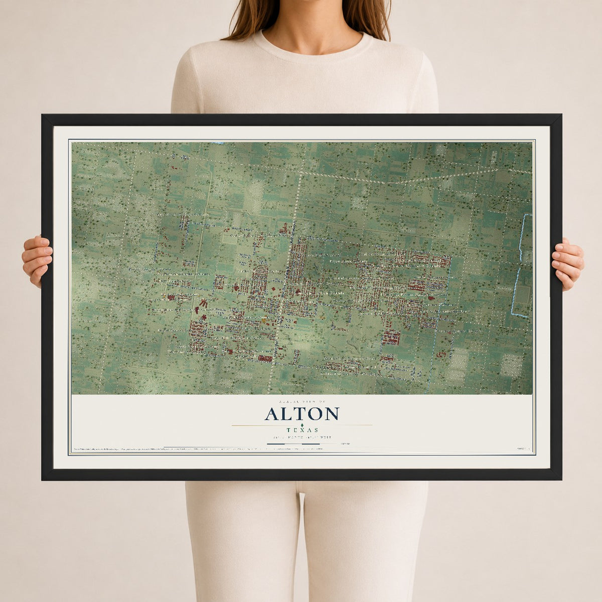 Map of Alton, Texas, 24 x 36 inch print in a black wood frame