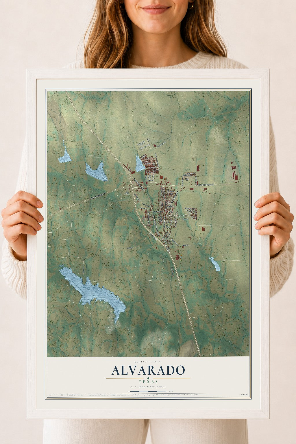 Map of Alvarado, Texas, 18 x 24 inch print in a white wood frame