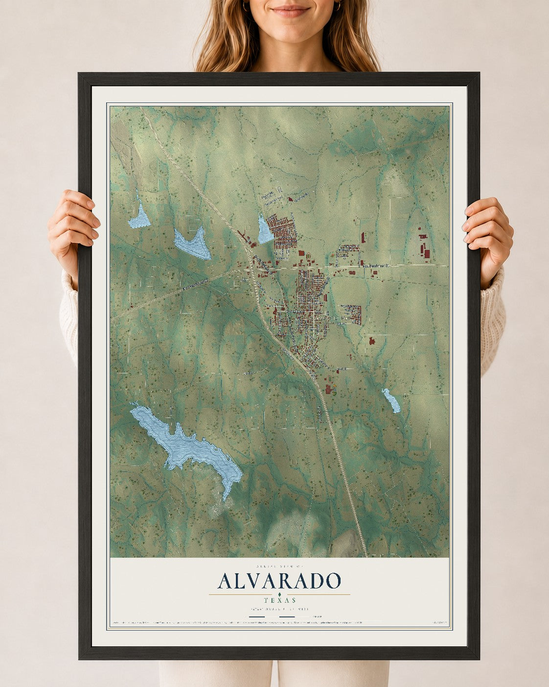 Map of Alvarado, Texas, 24 x 36 inch print in a black wood frame