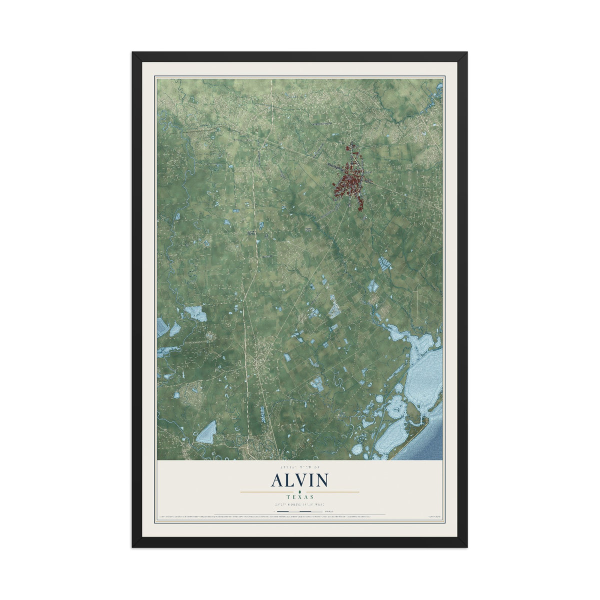 Map of Alvin, Texas, 12 x 18 inch print in a black wood frame
