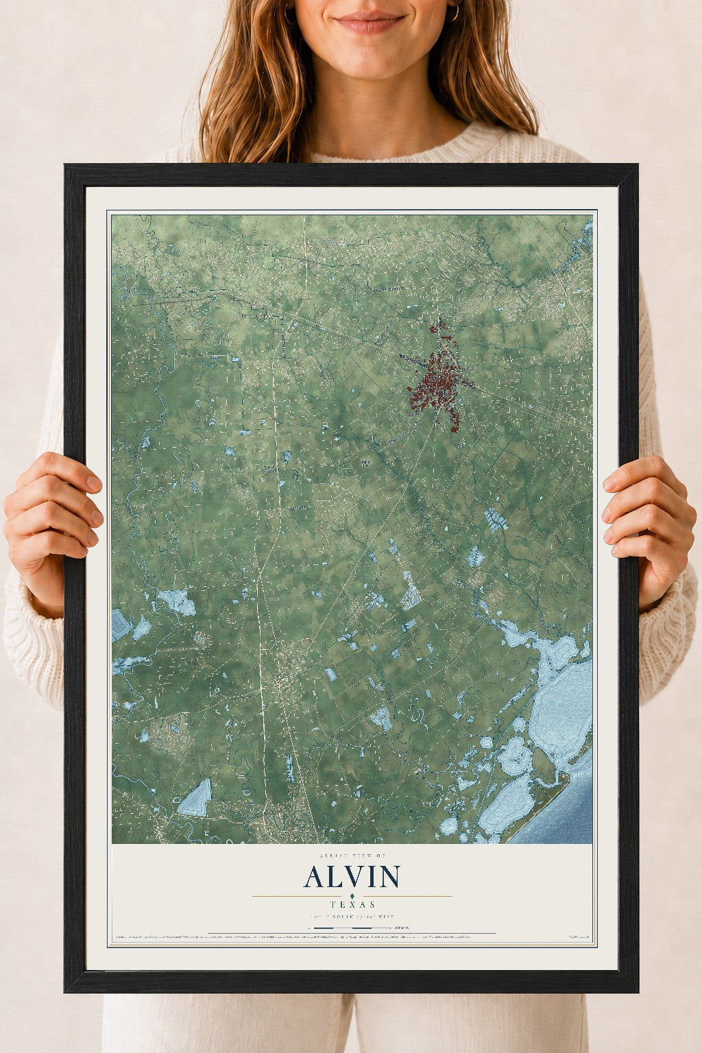 Map of Alvin, Texas, 18 x 24 inch print in a black wood frame