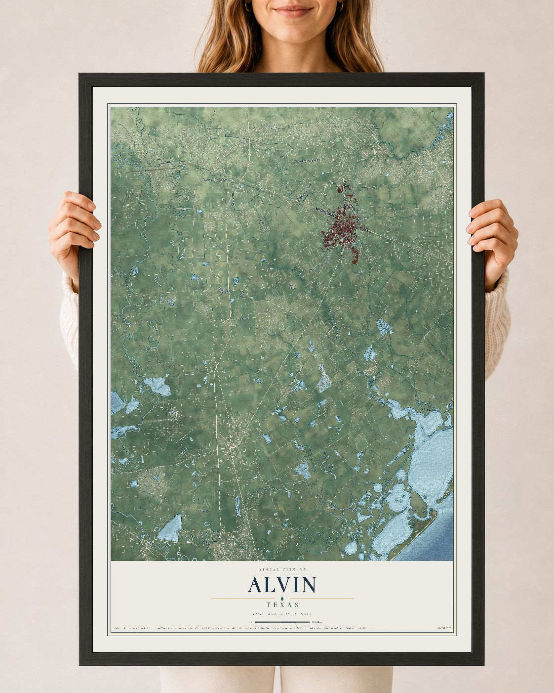 Map of Alvin, Texas, 24 x 36 inch print in a black wood frame