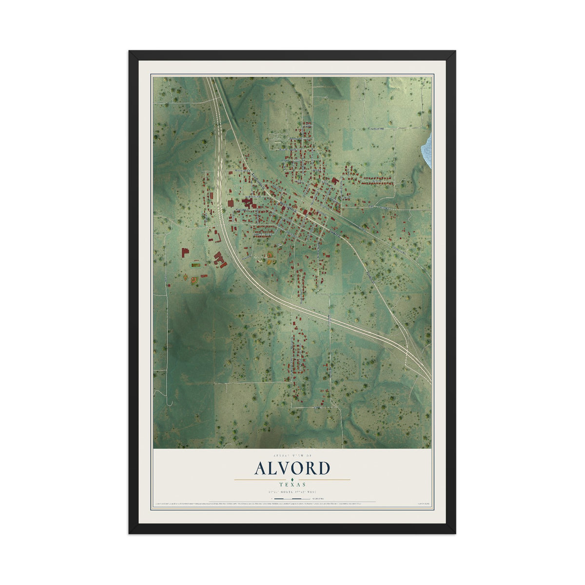 Map of Alvord, Texas, 12 x 18 inch print in a black wood frame