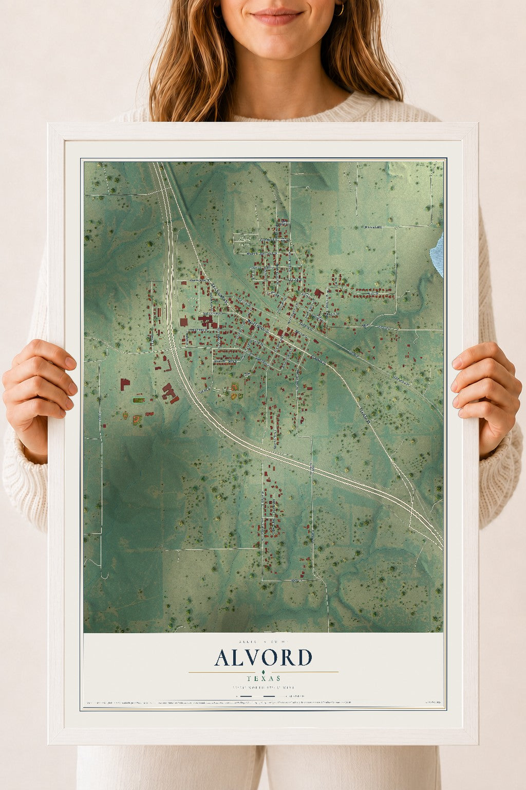 Map of Alvord, Texas, 18 x 24 inch print in a white wood frame