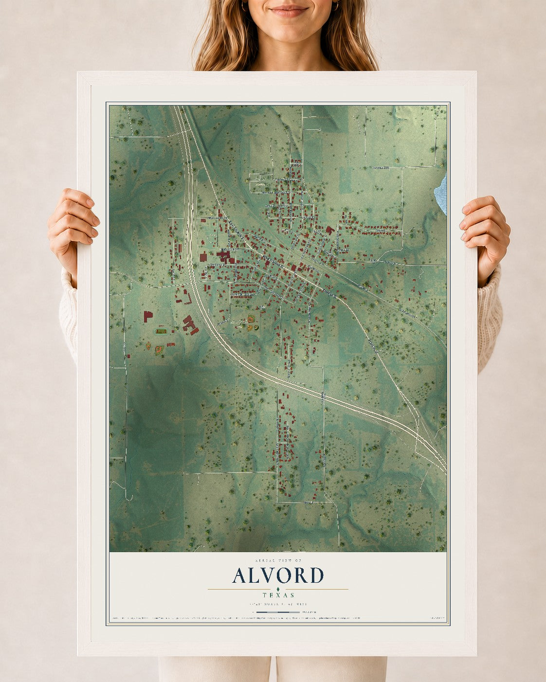 Map of Alvord, Texas, 24 x 36 inch print in a white wood frame