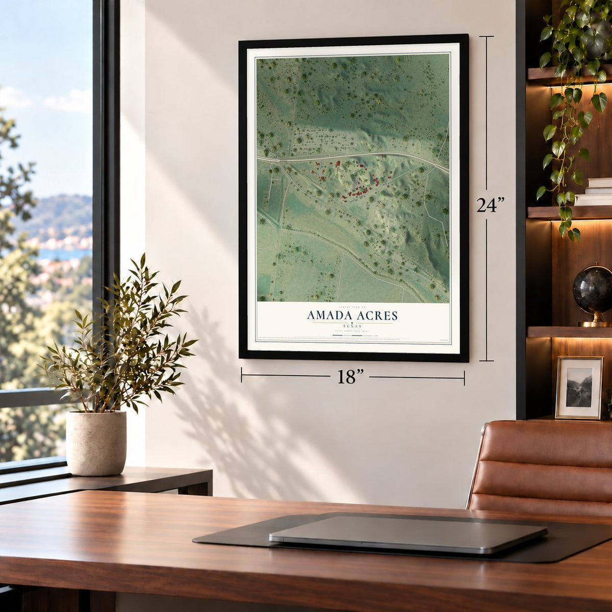 Amada Acres, Texas map, 18 x 24 inch print in a black frame in a home office