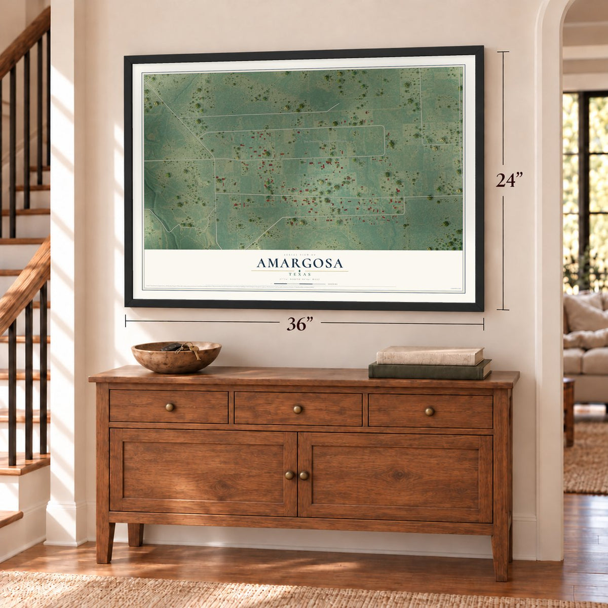 Amargosa, Texas map, 24 x 36 inch print in a black frame above a dresser by a staircase
