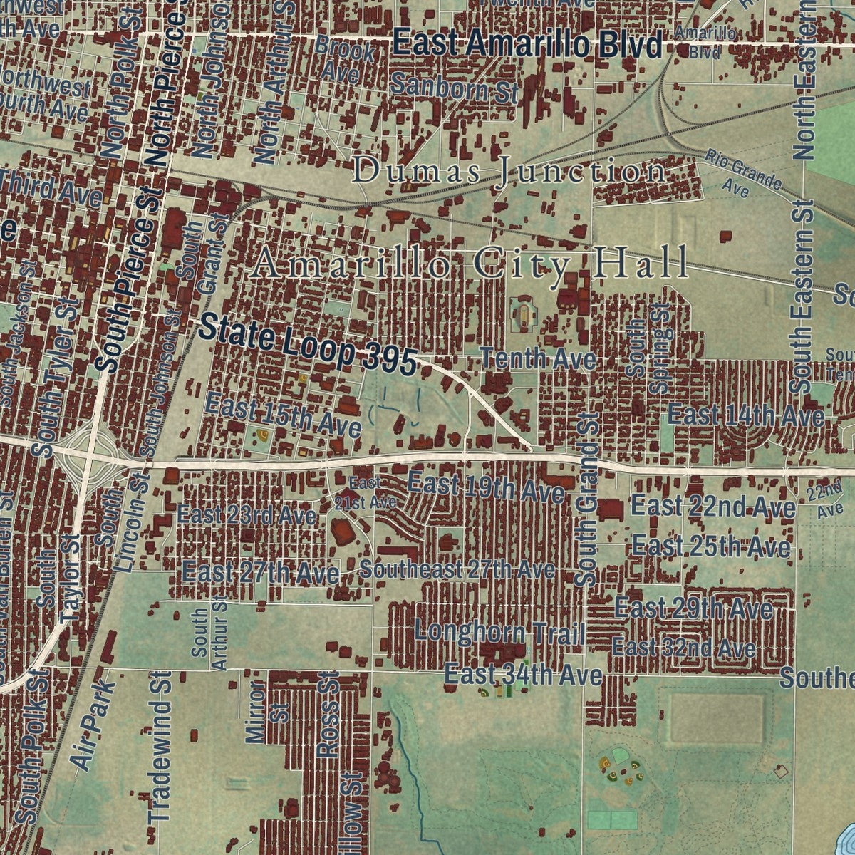 Second close-up of the map of Amarillo, Texas print showing more streets and buildings