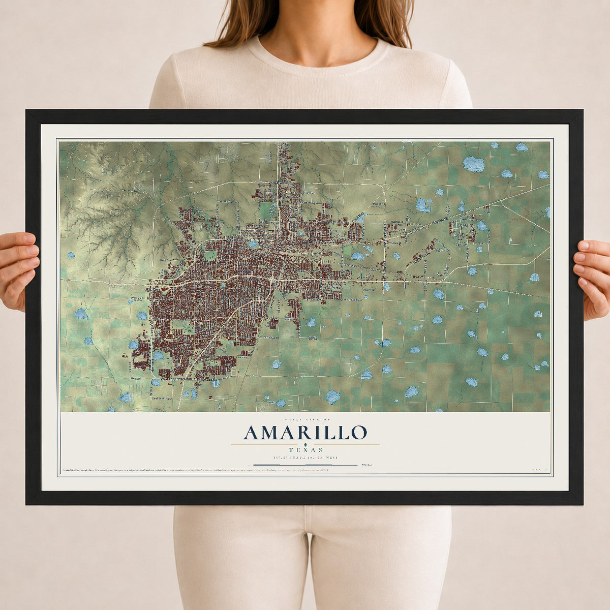Map of Amarillo, Texas, 18 x 24 inch print in a black wood frame